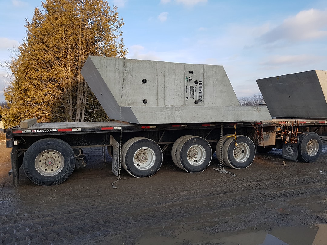 All-skew precast concrete box culvert delivered to New Scotland Line, Chatham Kent, Ontario